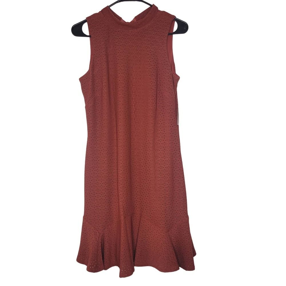 Signature by Robbie Bee Rust Perforated Sleeveless Tied Closure A-Line Dress